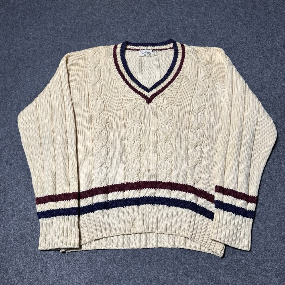 VTG 70s 80s Buckley Sweater LTD.‎ Cable Knit V Neck Wool Knit Mens L Distressed